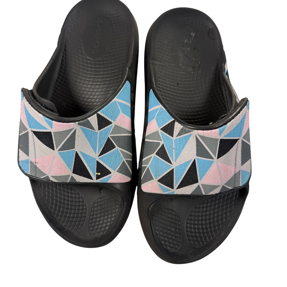 Oofos OOahh Sport Flex Recovery Slides Pink Blue Geometric Adjustable Sandals W9 - Picture 2 of 8